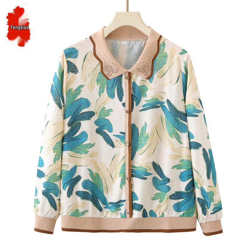 FENGXIAO Women s Plus Size Rhinestone Printed Lapel Long-Sleeve Top 3XL
