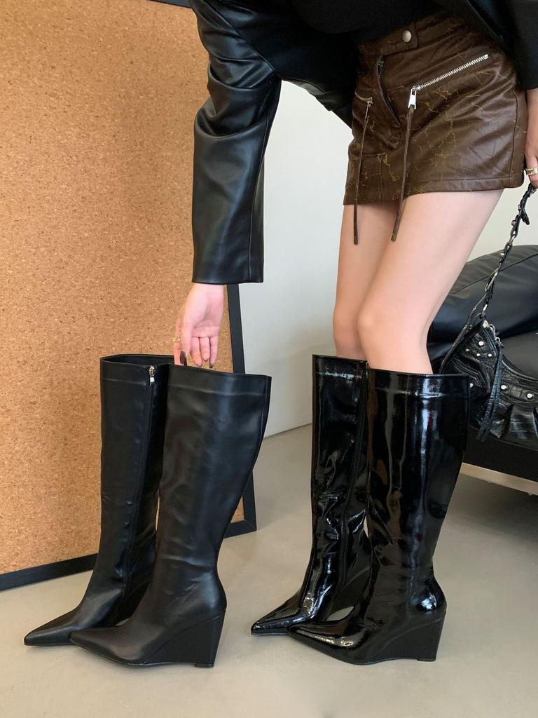 European and American Pointed Boots Women's 2025 Autumn New Big Tube Circumference Thin Straight Pants Tube Boots Wedge Heel Knight Boots