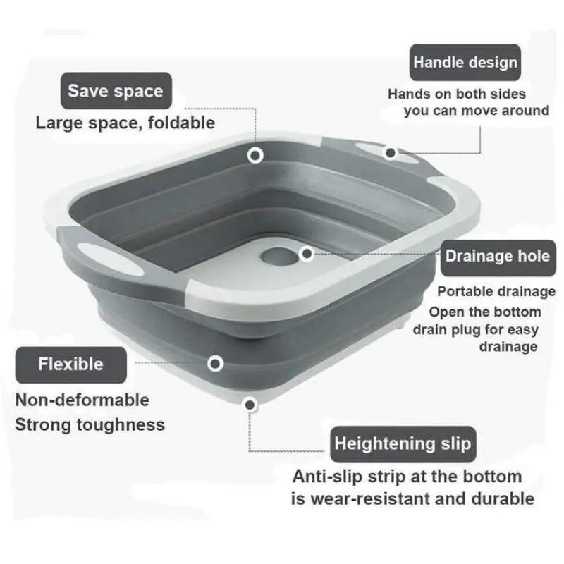Kitchen Collapsible Cutting Board Multifunction Plastic Silicone Picnic Cutting Boards Dish 3 In 1 Folding Drain Baskets