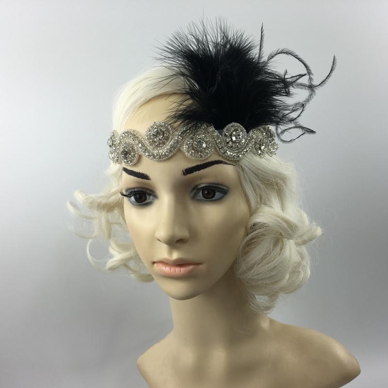 Great Gatsby 1920 Flapper Kopfschmuck Kristall Braut Schwarz Feder Stirnband