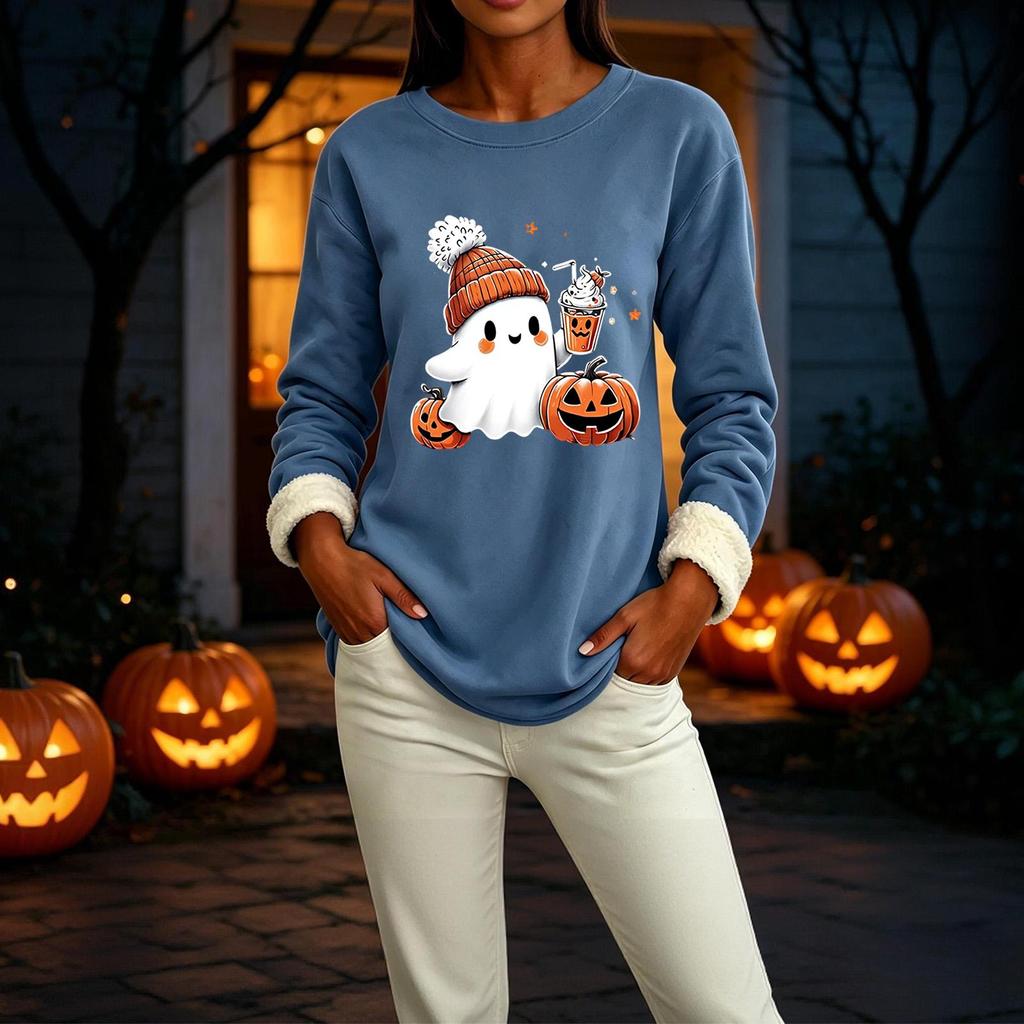 Women's -Lined Long Sleeve Round Neck Sweatshirt with Halloween Print for Winter Casual Wear