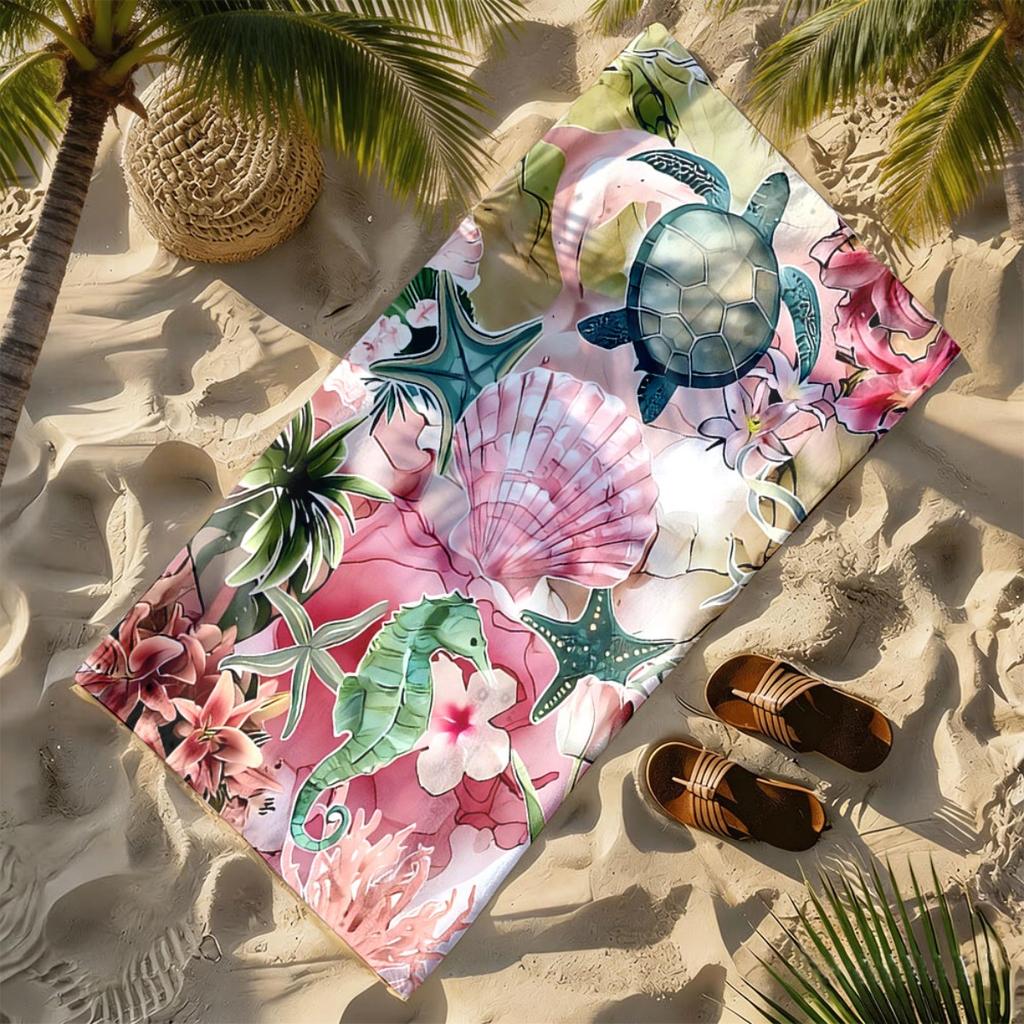 Watercolor Turtle Shell Theme polyester microfiber beach towel is highly absorbent, suitable for swimming and beach outings
