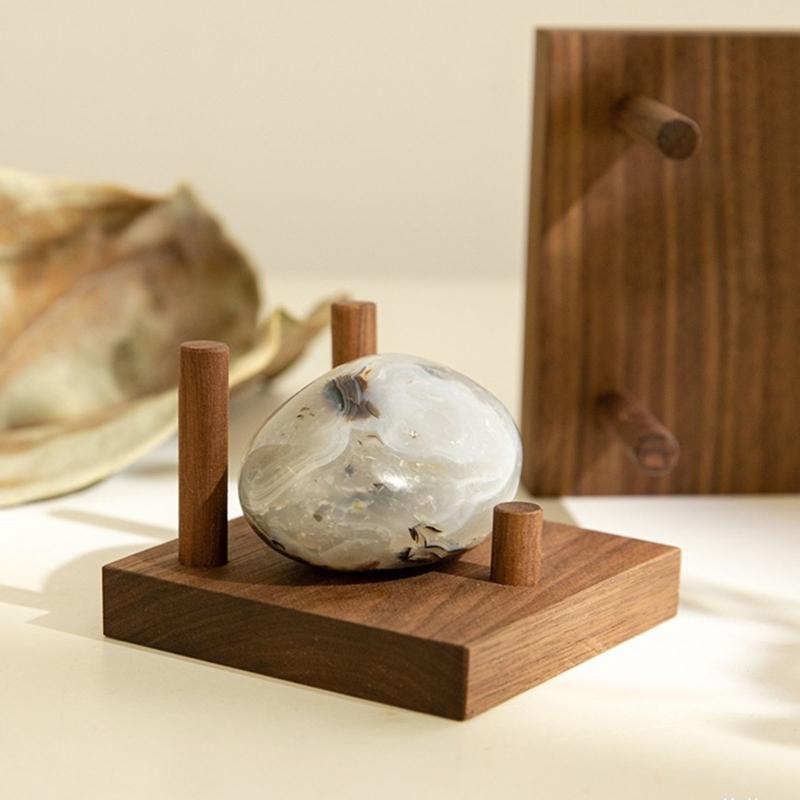 Natural Wooden Display Stand With 3 Peg Rock Holder Square Base For Home Decors And Collectibles Minerals Agates Holder