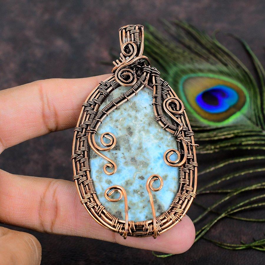 Natural Caribbean Larimar Gemstone Copper Wire Wrap Gift Pendant 3.59 I4S27