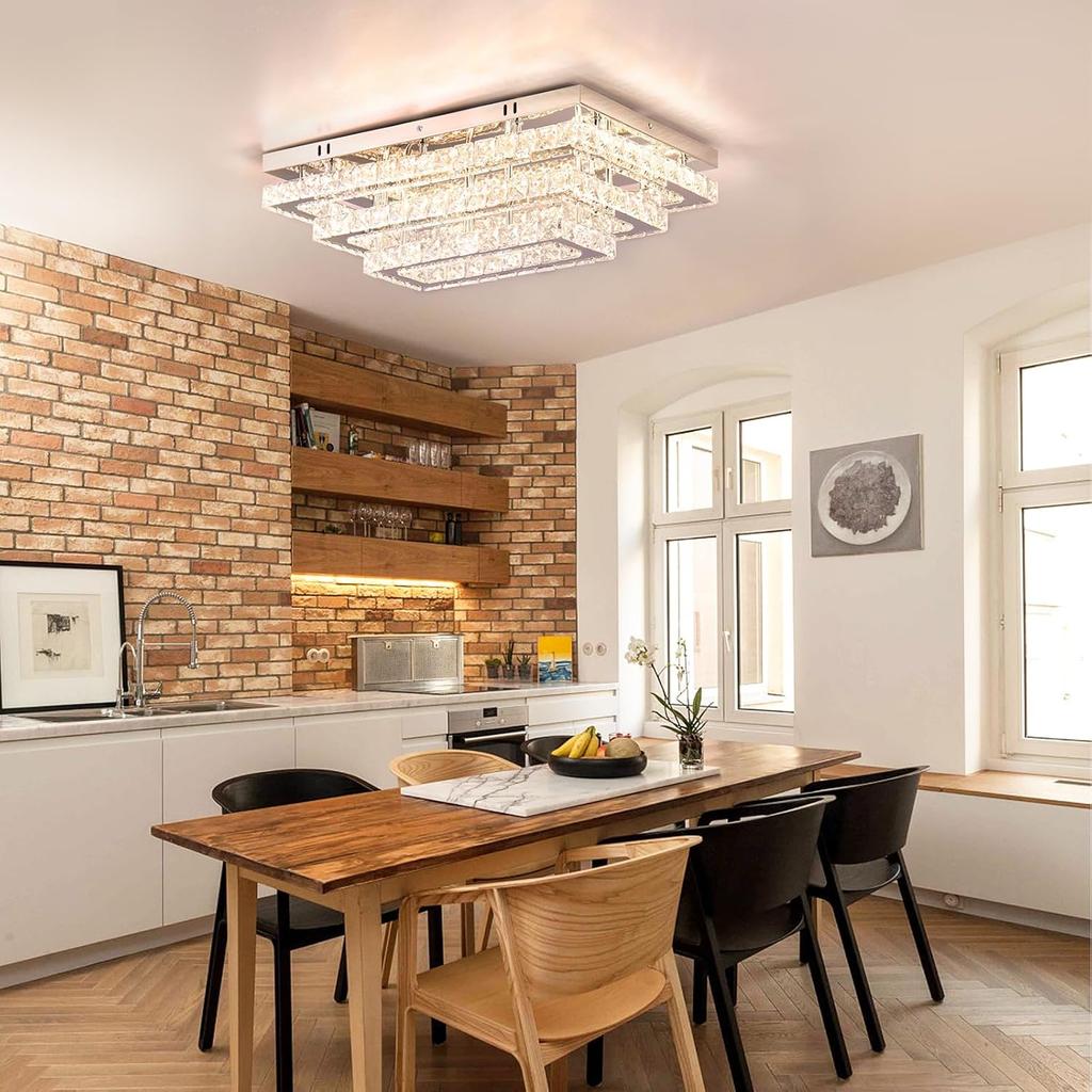 20.07'' Indoor K9 Crystal LED Square Ceiling Light Fixture 3-Tier Rectangular Flush Mounted Chandelier with Switch