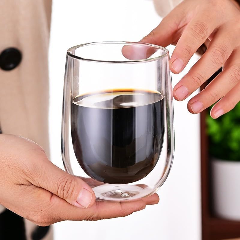 Pokaro Tea Heat-Resistant Glass Cups, Set of 2, 350ml Capacity, Double-Walled, Insulated, Condensation-Resistant, Double-Layered Glass, Can Hold Hot