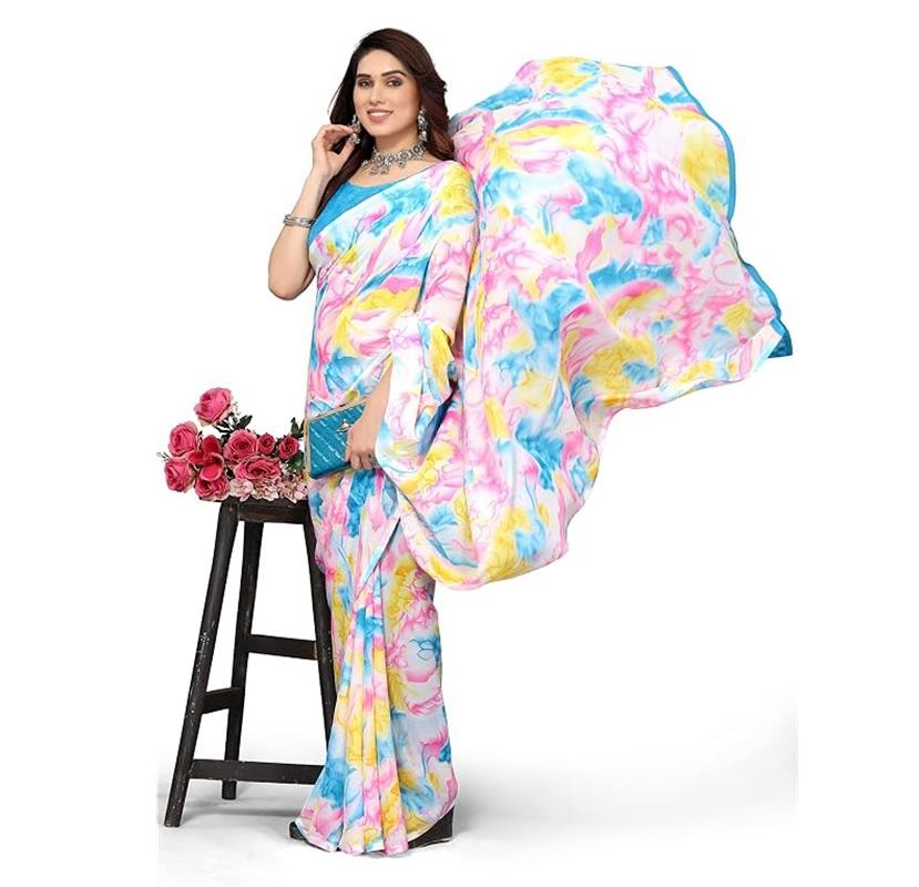 TreegoArt Fashion Women's Georgette Printed Party Wear Colorfull Saree With Unstitched Blouse Piece - Pack of 1