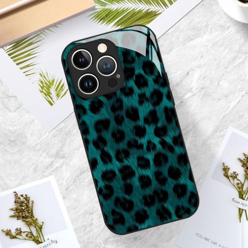 Dark green leopard print tempered glass phone case suitable for iPhone 17 16 15 14 13 12 11Pro Max Plus anti drop and shockproof