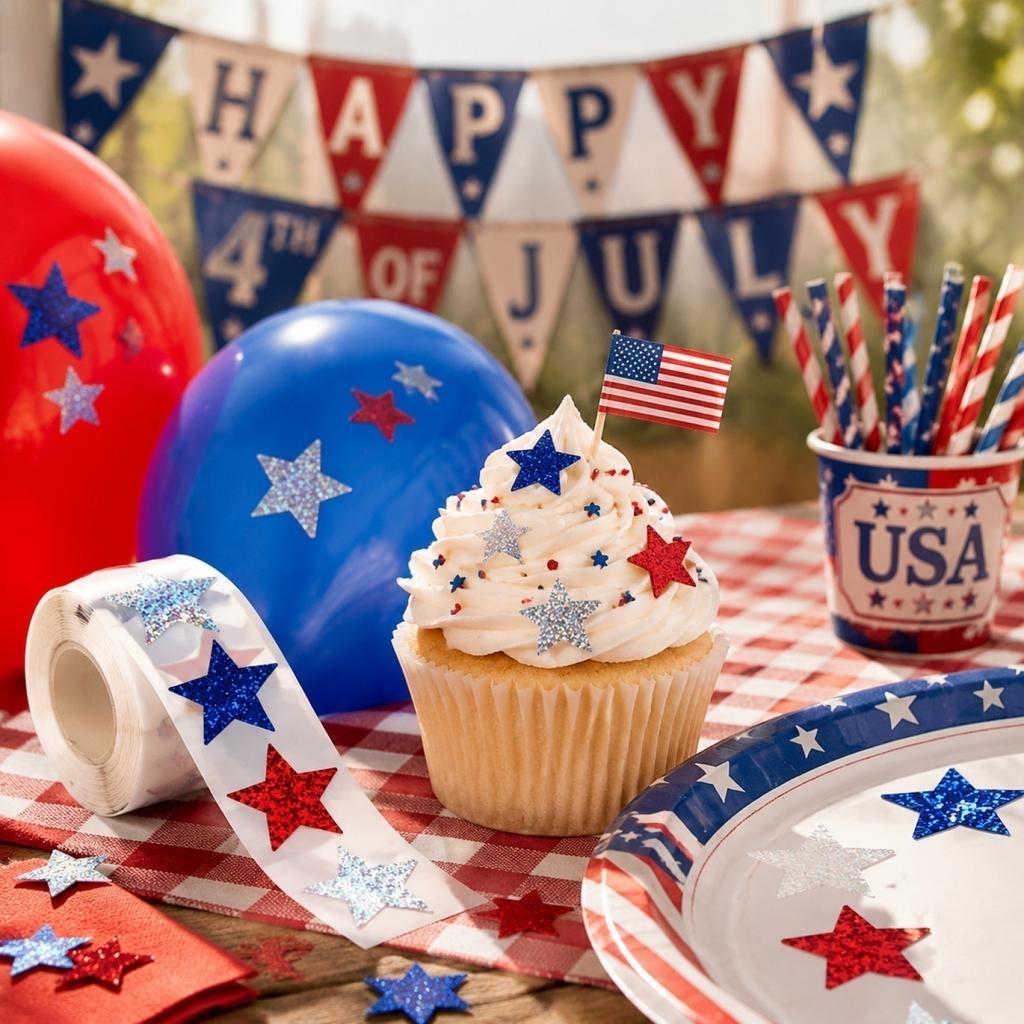 Fourth of Patriotic Star Stickers Roll - 100 Pcs 1-Inch Red Blue Glitter Stickers for Independence Day Party Decor