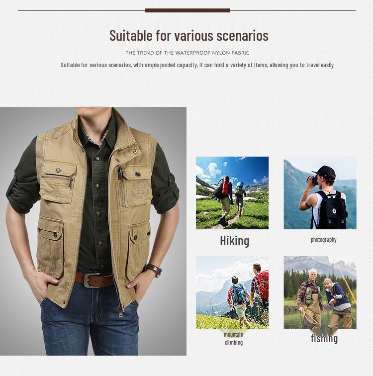 Jidengpu Men's Casual Multi-Pocket Cotton Vest - Spring & Autumn Outerwear