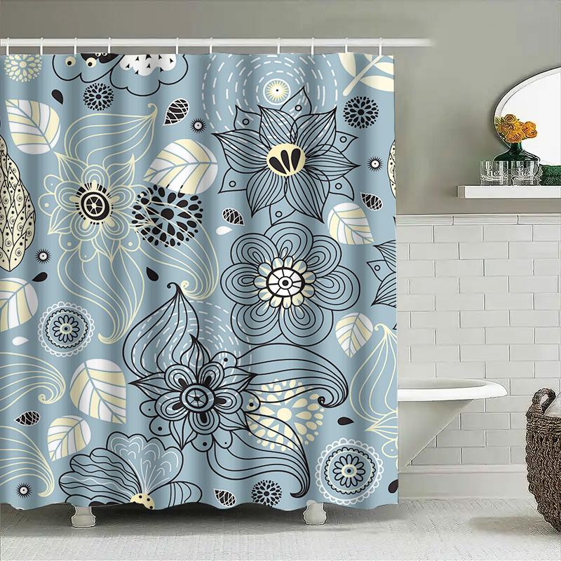 Blue Bathroom Shower Curtain With Floral Design Modern Home Decor For Bathtub Washable Fabric Various Sizes Available