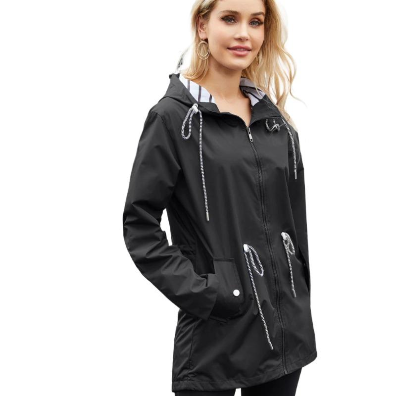 Womens Zipper Long Windbreaker Waterproof Raincoat Casual Basic Outdoors Trench Classic  Outdoor Climbing Hooded Tops
