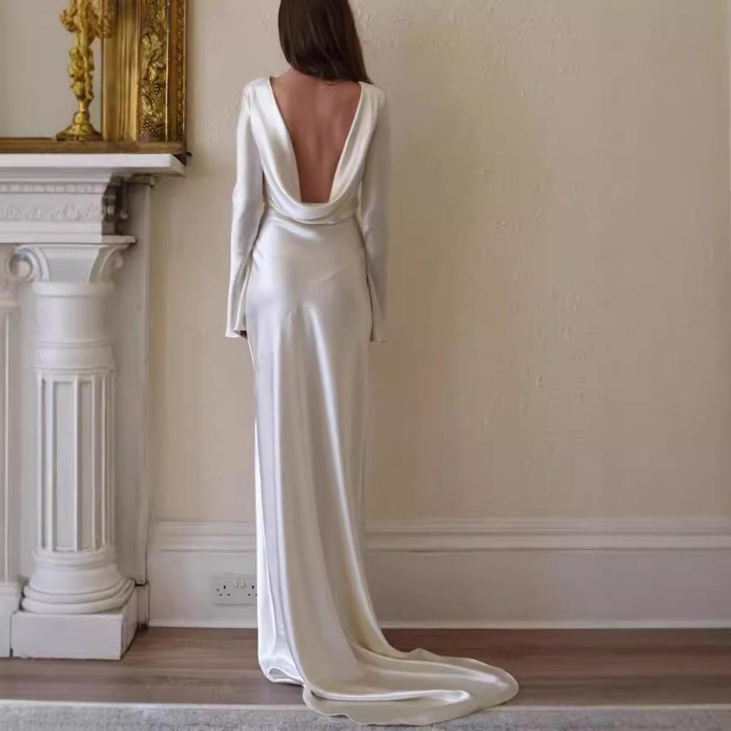 Women's Sexy Backless Mermaid Maxi Dress, Solid Color Round Neck Slim Fit Evening Gown for European American