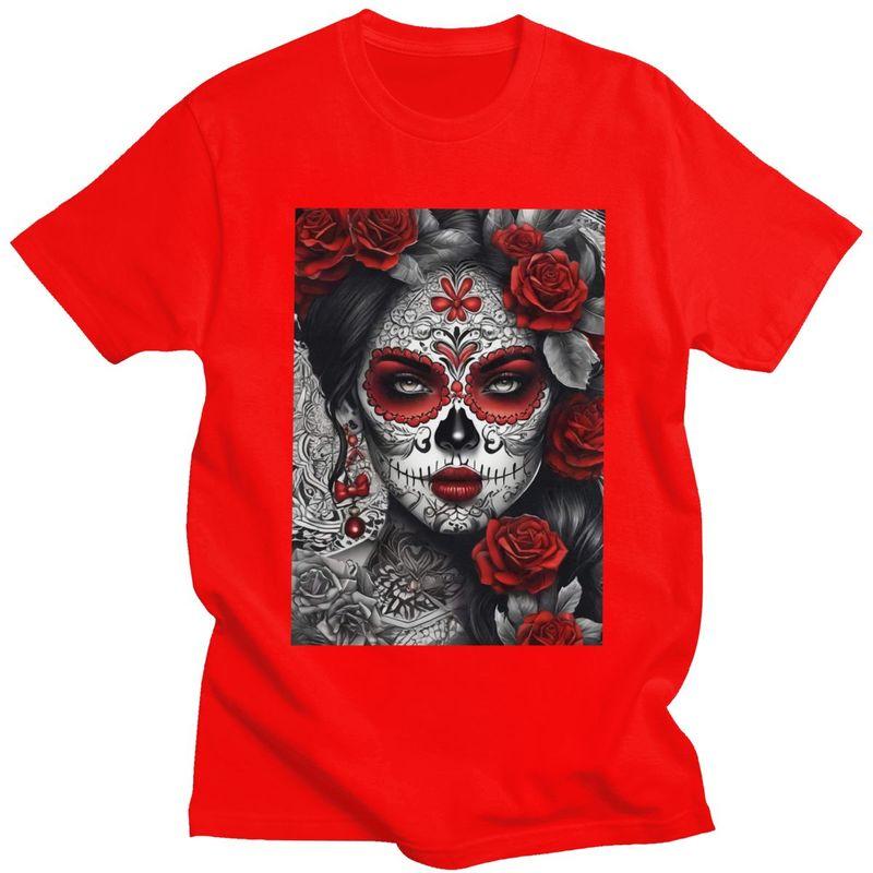 Custom Mexican Catrina Sugar Skull Lady Tshirt for Men Short Sleeves Casual T Shirt Tshirts Slim Fit Pure Cotton Tees Gift