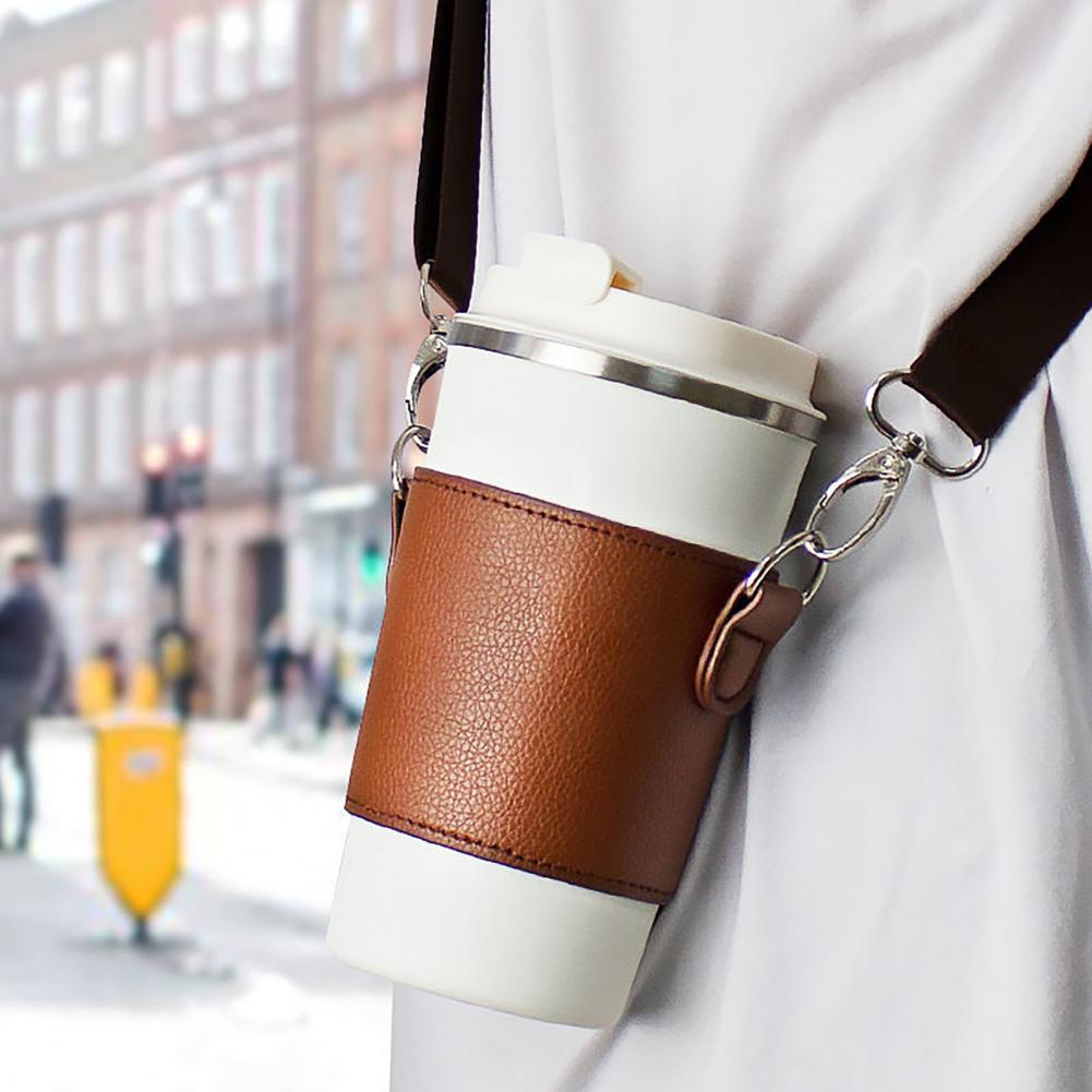 Universal Beverage Cup Bag Portable Strap Faux Leather Beverage Cup Sleeve Coffee Cup Holder Hanging Strap