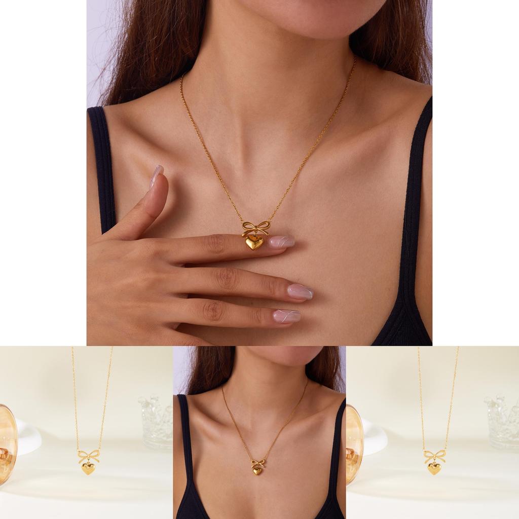 Summer Fashion Heart And Butterfly Bow Necklace In Gold Tone Stainless Steel For Women