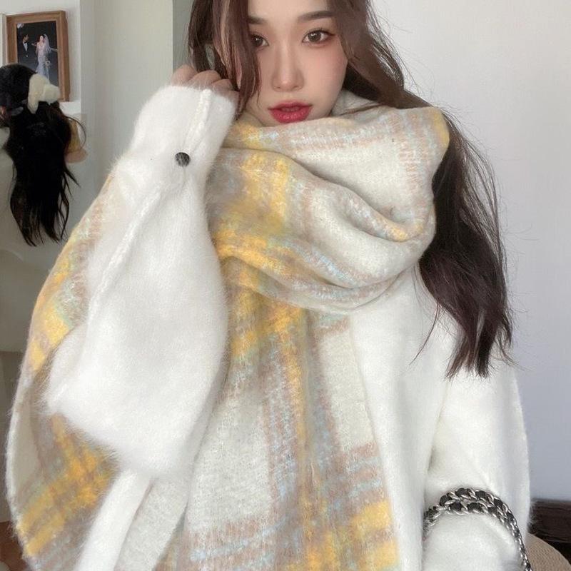 Mohair scarf women's autumn and winter atmosphere imitation cashmere yellow white high-end warm shawl versatile scarf