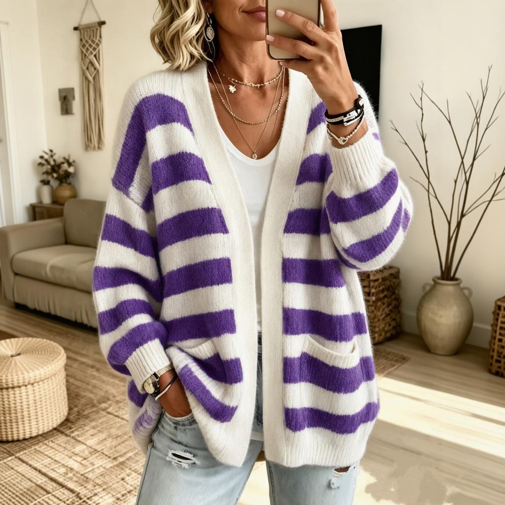 Women's Striped Long Sleeve Open Front Cardigan with Pockets, Loose Casual Jacket Outerwear for Everyday Wear