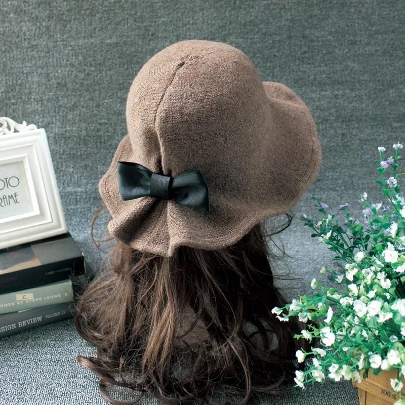 Vintage Wool Bucket Hats Women Fashion Bows Basin Fisherman Hat Winter Black Coffee Dark Camel Hat Ladies Head Accessories