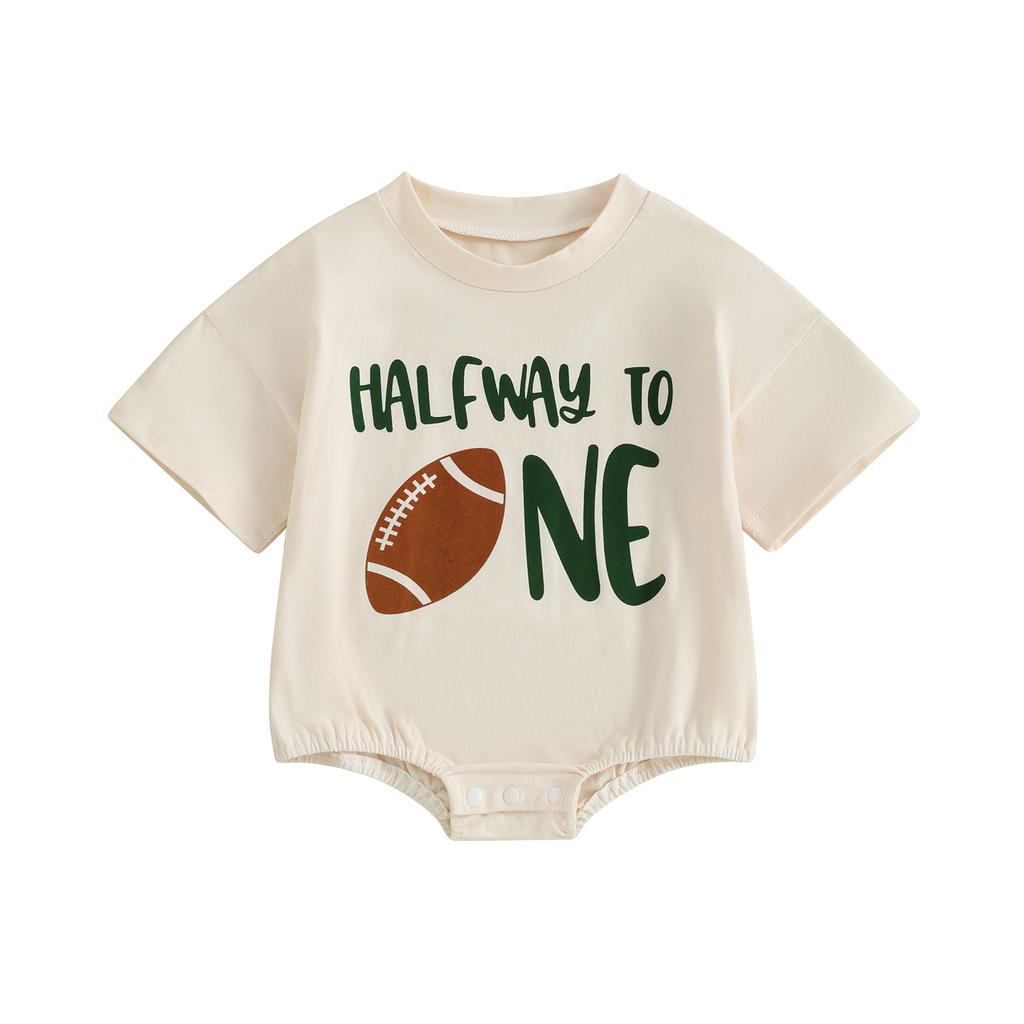 Baby Bubble Romper Football Letter Print Short Sleeve Round Neck Bodysuit Infant Playsuit