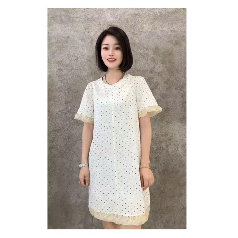 

Washing Water Denim Cotton Anti-Wrinkle Color Matching Skirt! Girls Summer round Neck Short sleeve Polka Dot Wide Feeling Strong Dress Breathable Beige 2XL