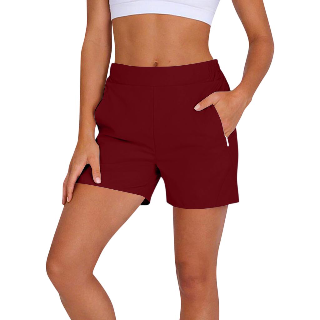 Women's Fashion Solid Color Athletic Casual Elastic Waistband Shorts with Zipper Pockets for Outdoor and Leisure Activities