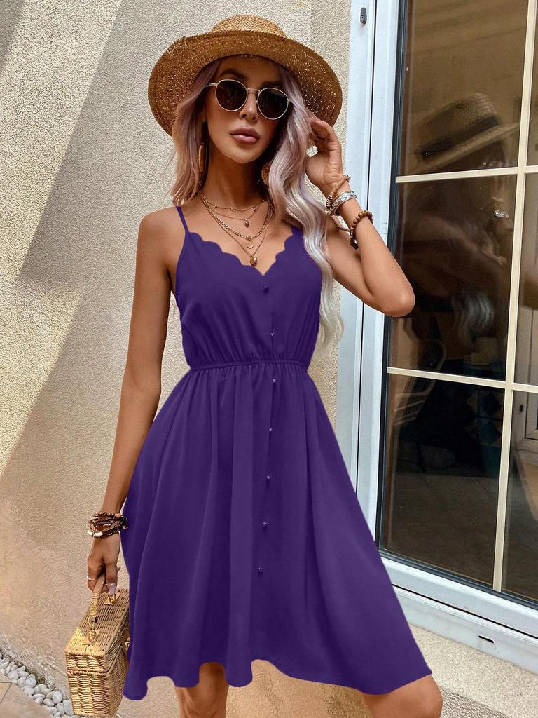 2026 V-neck Faux Button Spaghetti Strap Dress - Women's European & American Style with Lace Detailing, Comfortable & Casual
