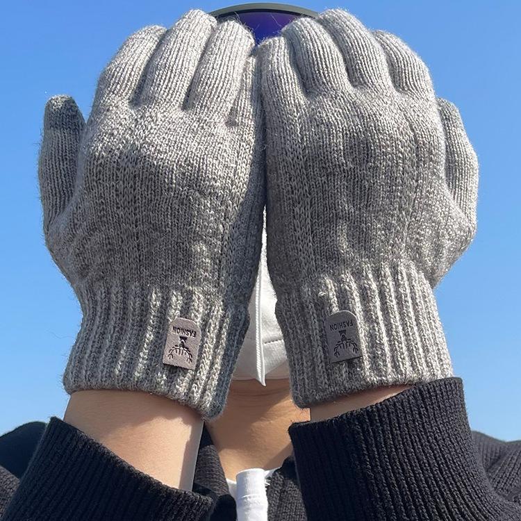 Warm Gloves for Men In Autumn and Winter Touch Screen Wool Knitted Electric Bike Riding and Driving Plus Velvet Thickening Students Prevent Cold