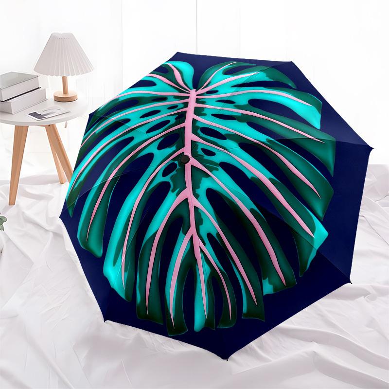 1pc Monstera Leaf Pattern Automatic Folding Umbrella, Heavy Duty 8 Rib Iron Frame,  Suitable for Travel, Daily Use, Birthday, Decor Gift  73
