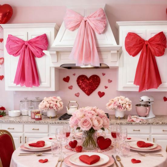 6Pcs Giant Bow DIY Decor Kit for Valentine's Day Hanging Wall Door Window Decorations Easy To Assemble Bow Wall Backdrop for Party Photo