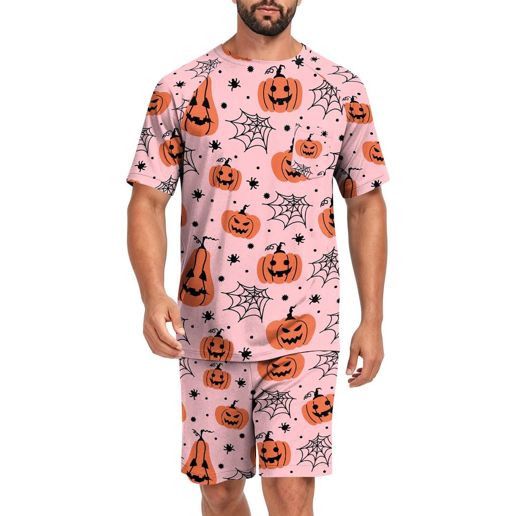 Men's Halloween Casual Lounge Pajama Set Short Sleeve Top and Shorts Comfortable Fit Lightweight Soft Fabric Relaxed Style