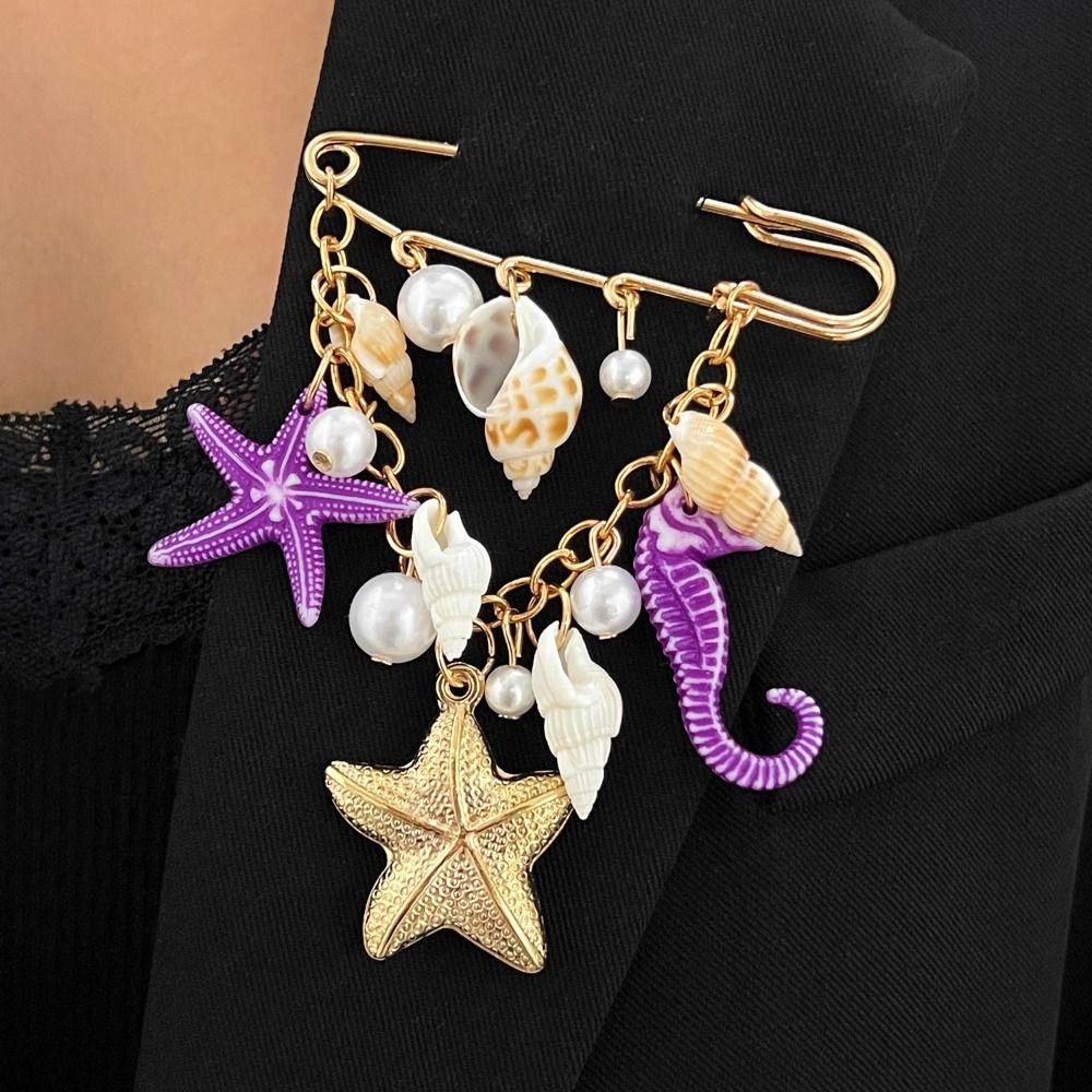 Metal Chain Tassel Imitation Pearl Brooch Gold Color Starfish Brooch Pin  For Women