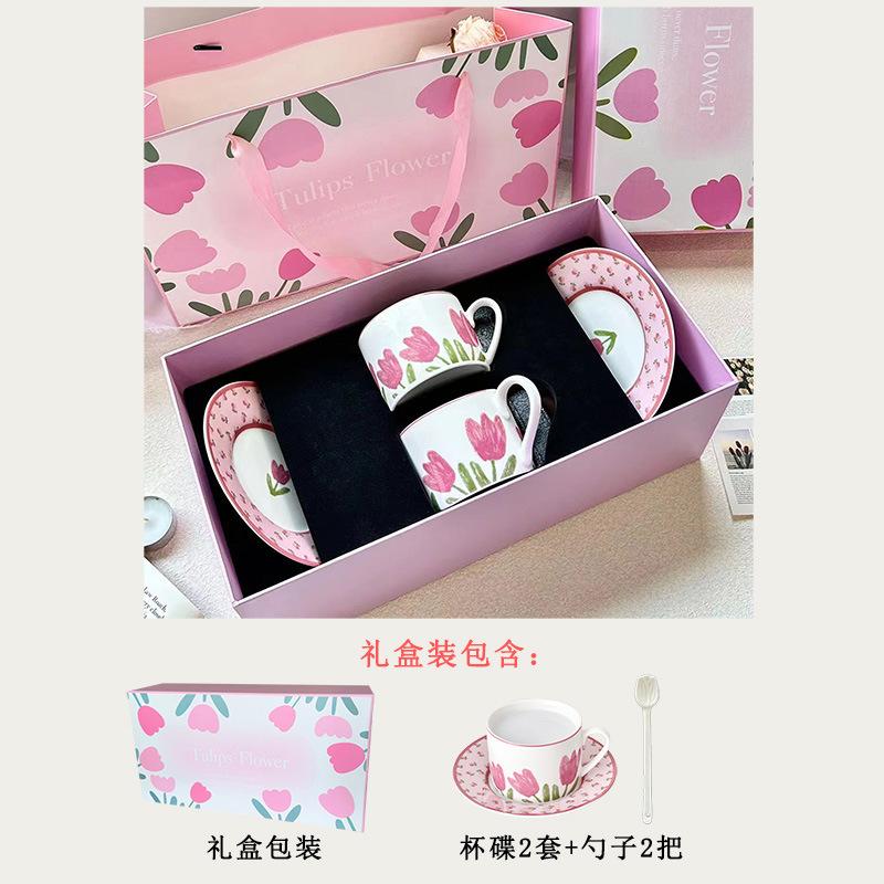 Slow As Old - Pink Tulip Ceramic Coffee Cup And Saucer Set Korean French Afternoon Tea Premium Cup