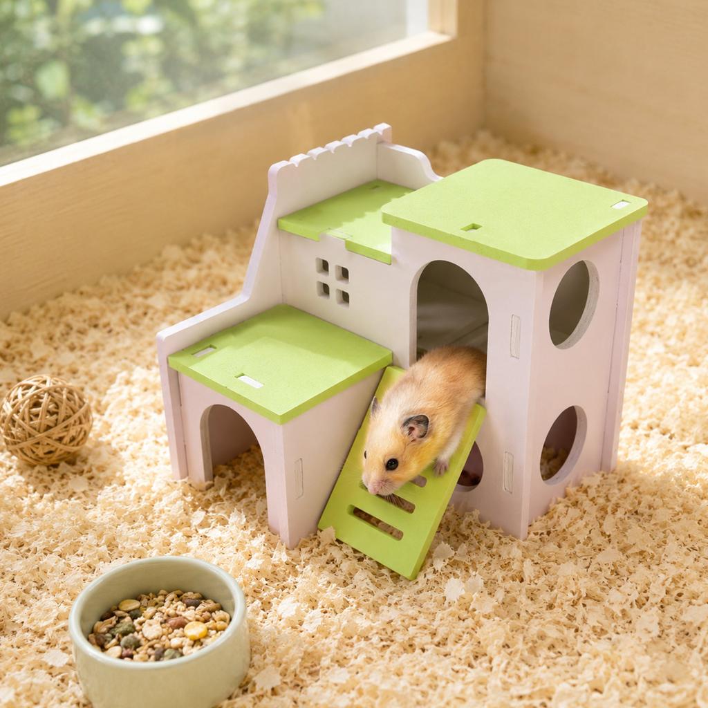 Small Animal Wooden House Villa with Multi-Level Design and Ventilation Openings Suitable for Hamsters Gerbils and Other Small Pets