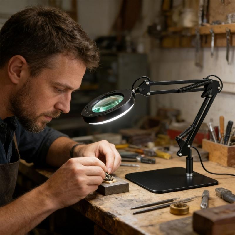 LED Adjustable Magnifying Desk Lamp With Switchable Light Direction And Strong Metal Base For Reading Jewelry Repair