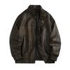 Men's Retro Cool PU Leather Bomber Jacket with Buckle Stand Collar