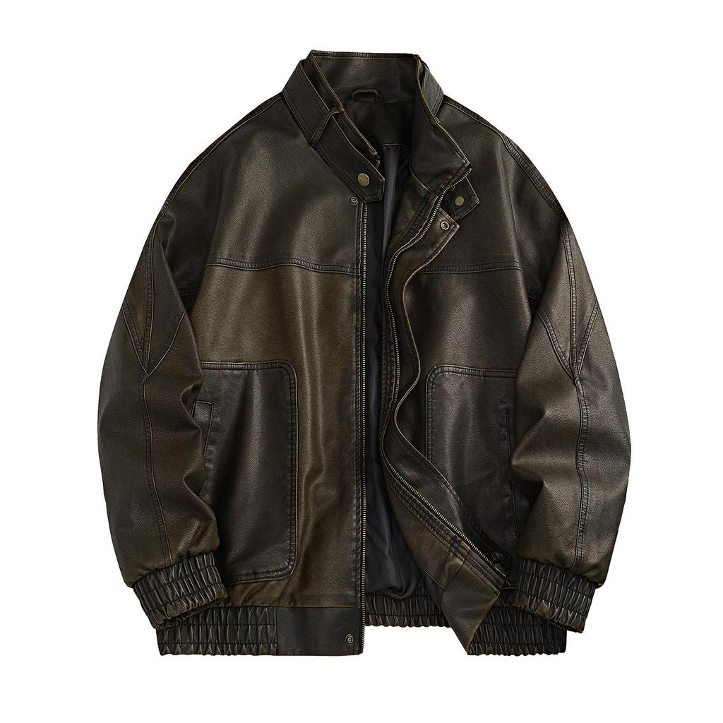 Men's Retro Cool PU Leather Bomber Jacket with Buckle Stand Collar