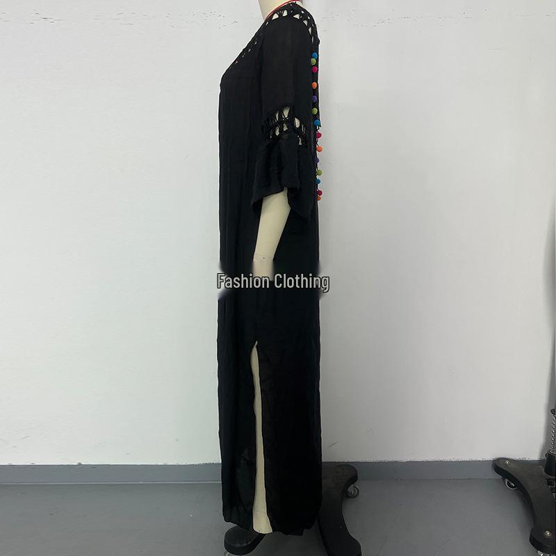 Womens American Crossborder European Handcrocheted Patchwork Ball Loose Beach Coverup Dress Sexy Backless Hollow Design