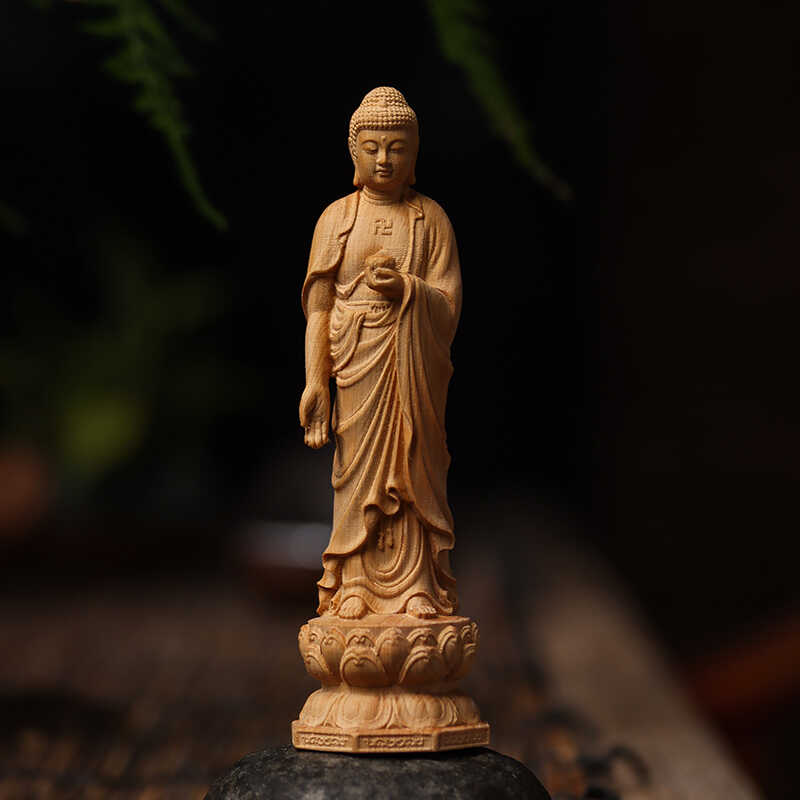 Cliff Cypress Wood Carving Statue of Shakyamuni Buddha Wood Engrave Wooden Sculpture Home Crafts Ornaments Decoration