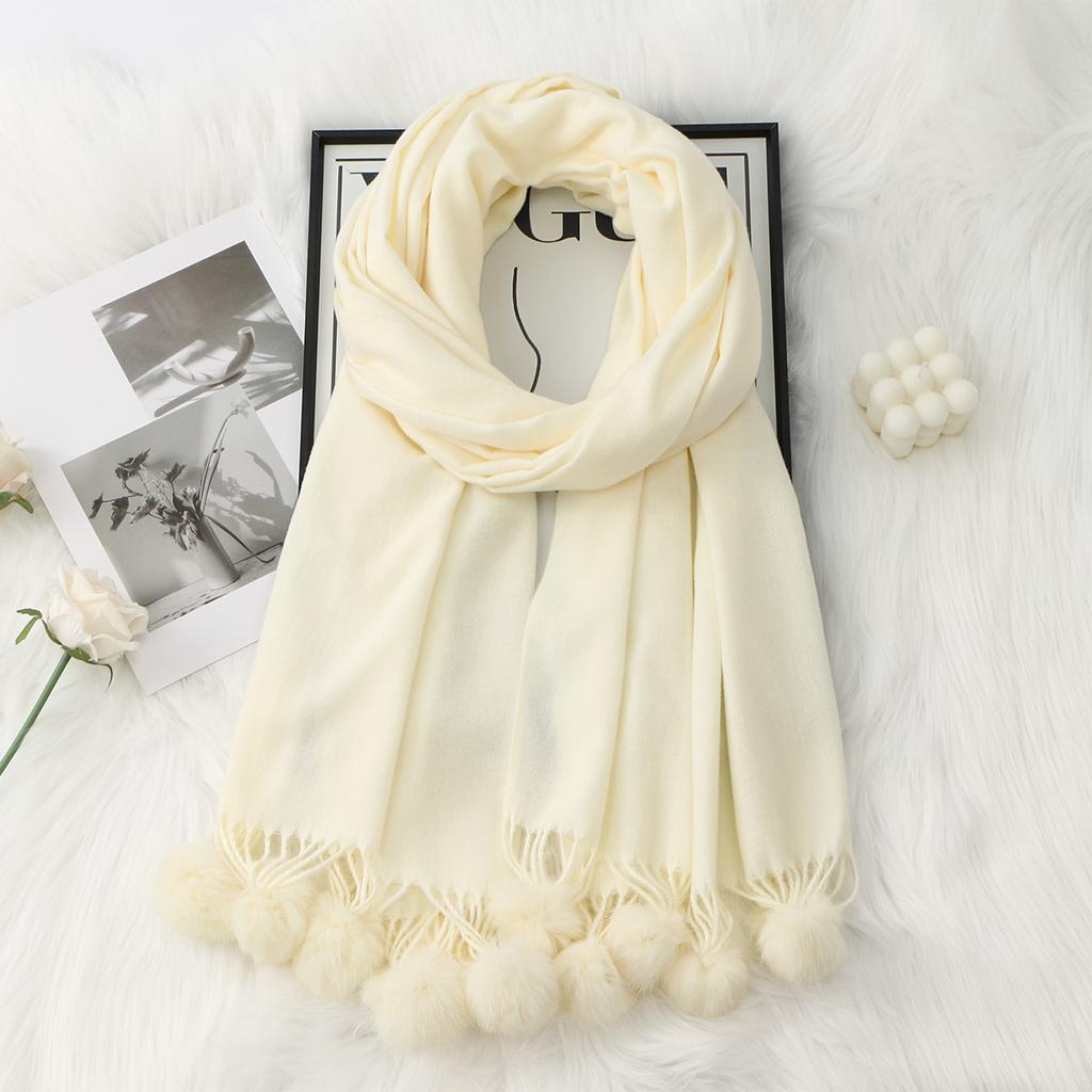 Winter Extended Extra Thick Solid Color Scarfs For Women Muffler With Lovely Hairball Tassel Outdoor Insulation And Warm