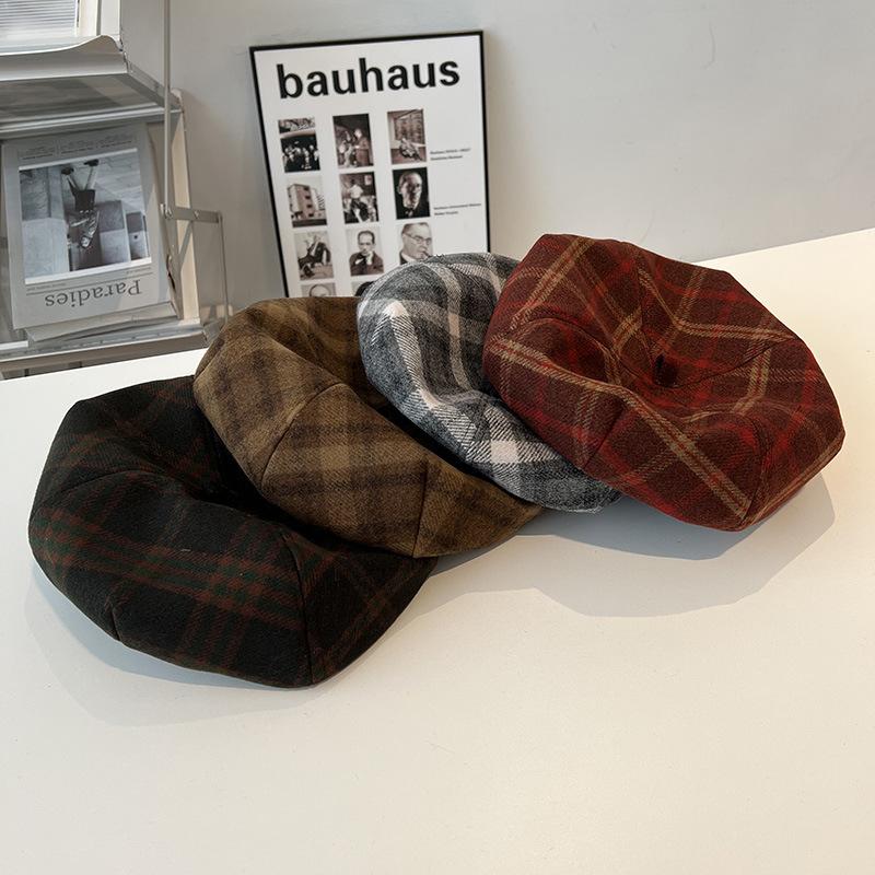 Polished Woolen Plaid Leather Brim Beret Women's Autumn and Winter Retro British Lady Hong Kong Style Ins Painter Hat