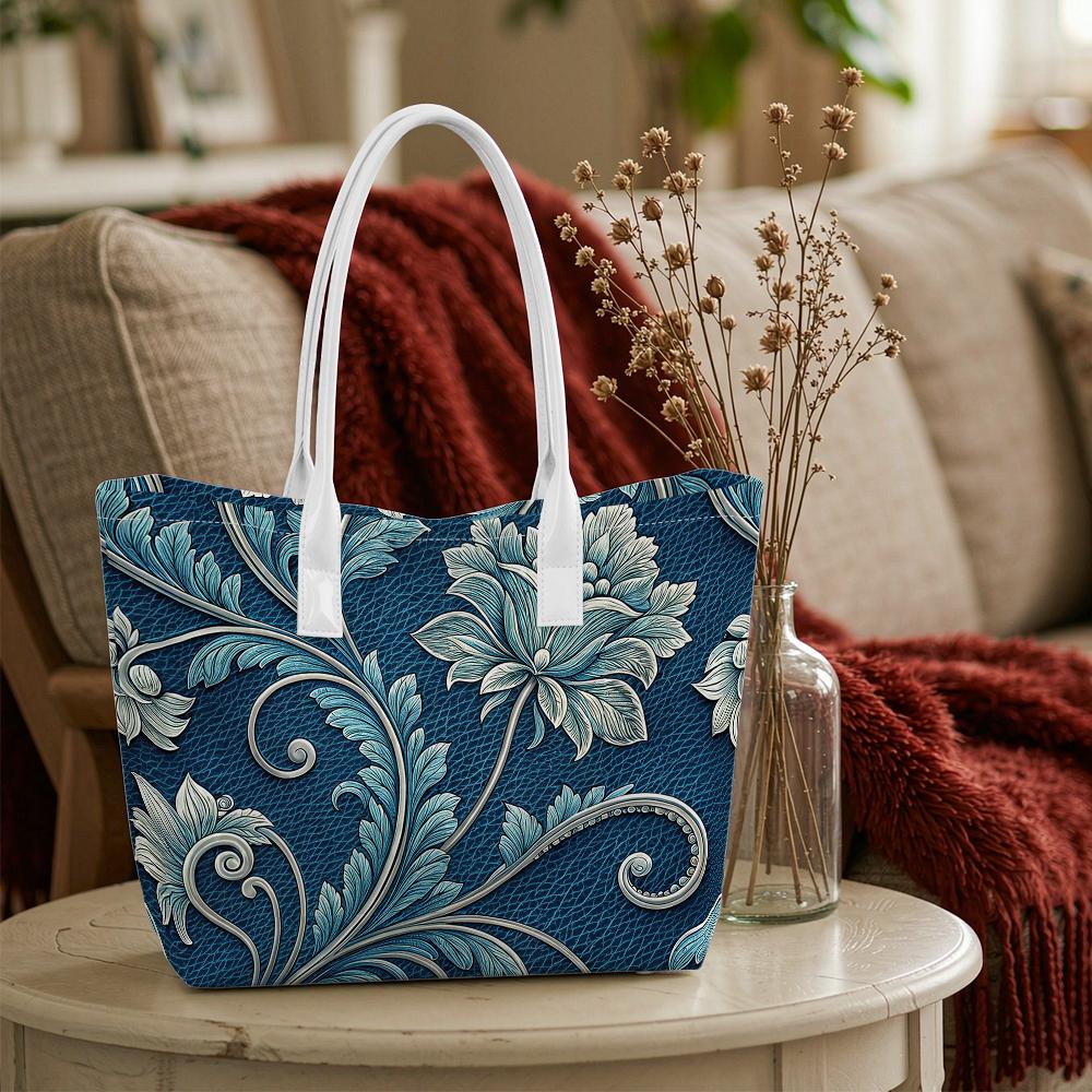 Elegant Blue Floral Tote Bag Fashion Casual Daily Use Lightweight Shoulder Bag for Women Shopping Travel Commute