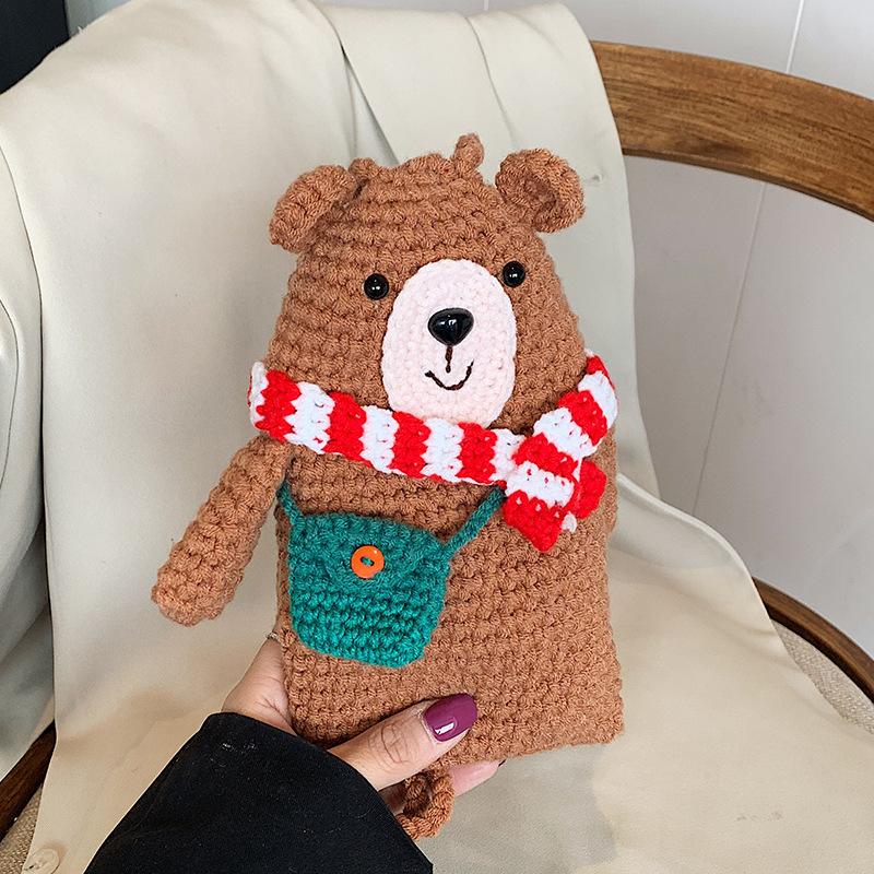 Cute wool woven bear Christmas wind mobile phone change bag personality versatile trend messenger bag woman