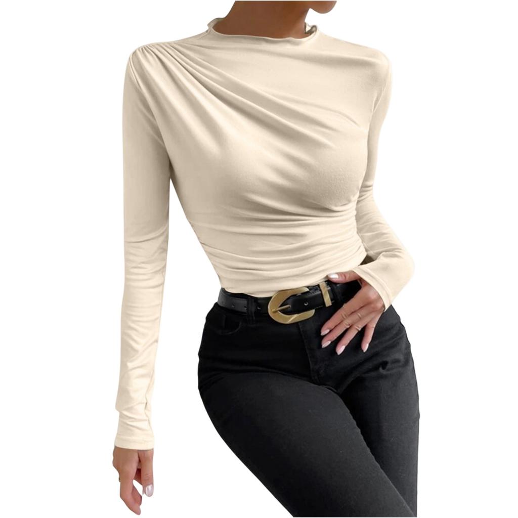 Women's Fashion Slim Versatile Pleated Color Long Sleeve Bottom Down Shirt Sweatshirt Top
