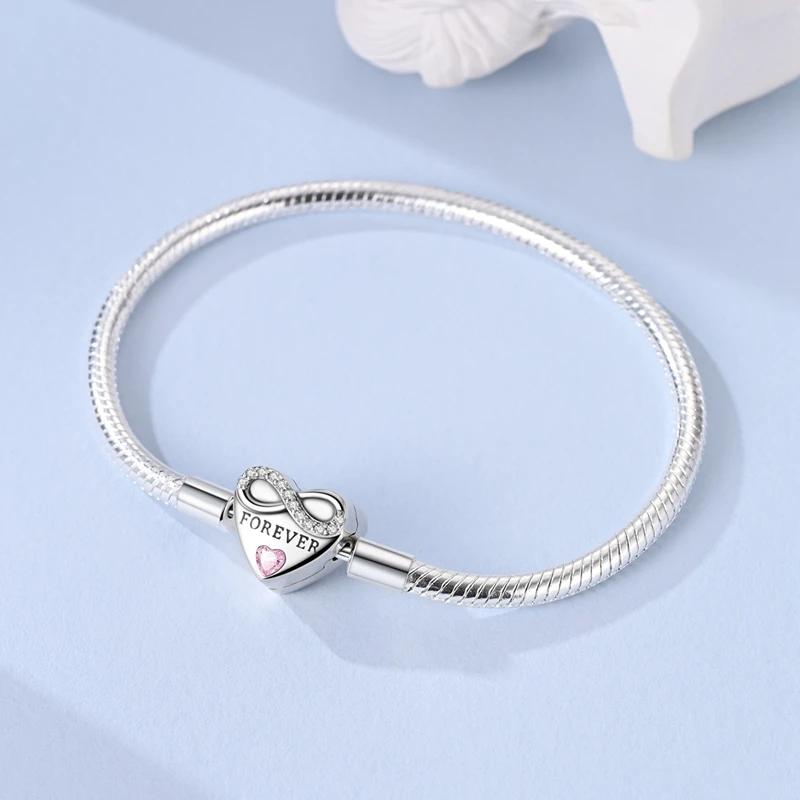 Authentic Copper Love Heart Pink Zircon Bracelets Infinite Forever Beautiful Women Gift Bracelets Accessory Girlfriend Jewellery