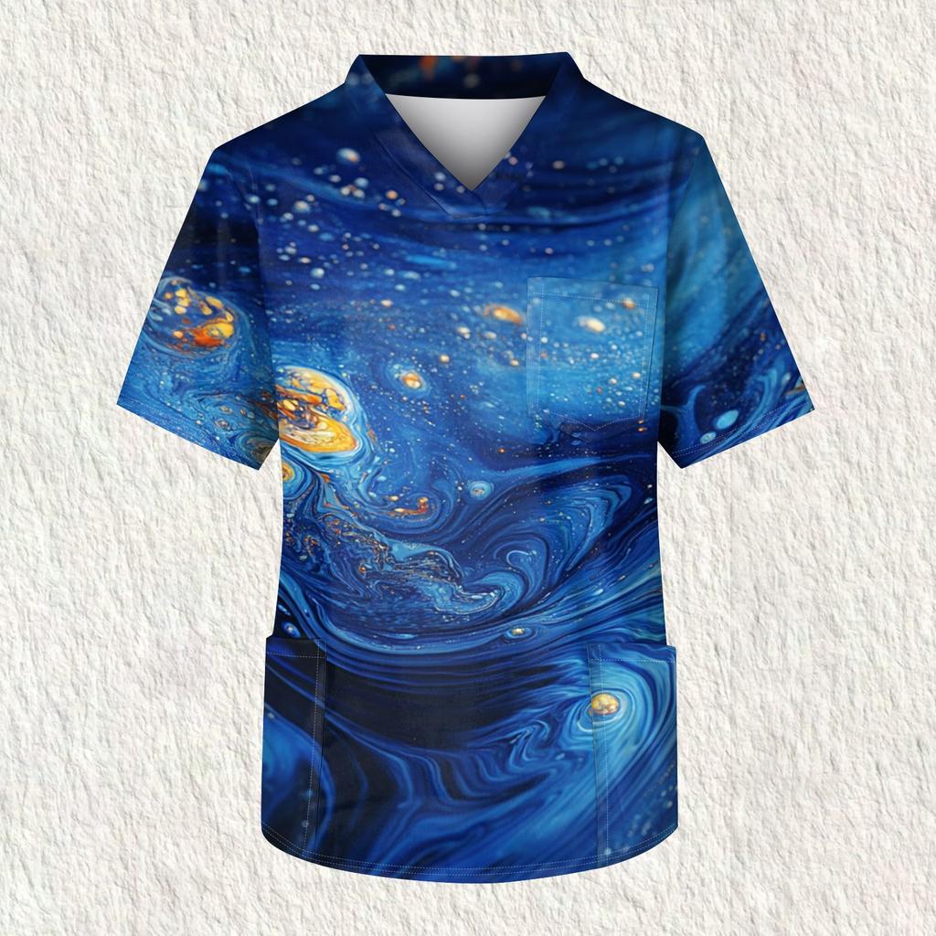 Men's Printing Short Sleeve V-neck Working Blouse Chest Pocket Carer Top