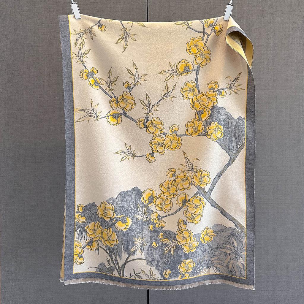 New retro flower jacquard imitation cashmere scarf for women's high-end versatile, fashionable and durable, going out to decorate the scarf