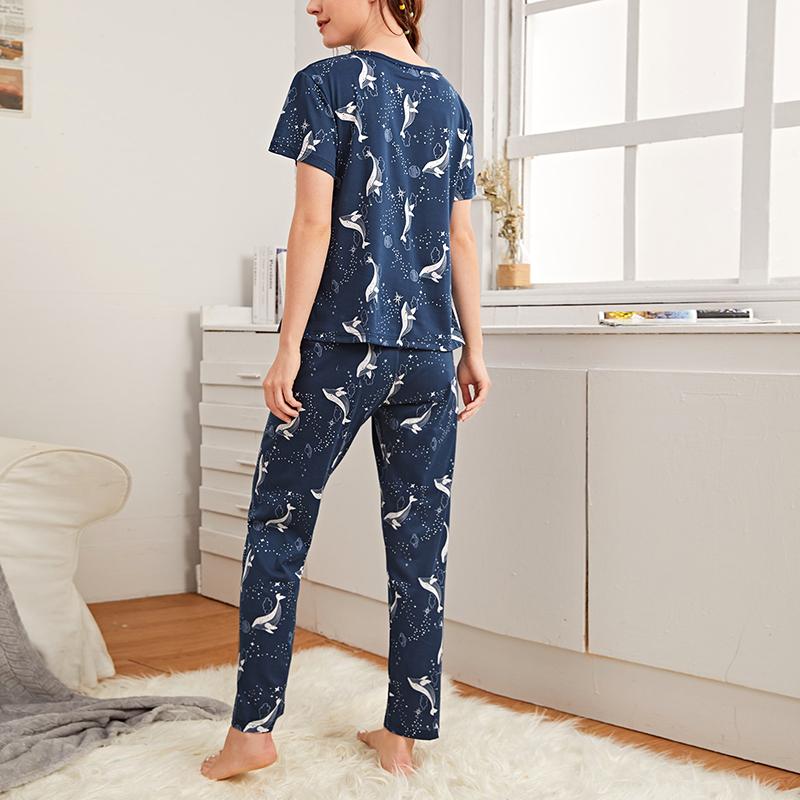 Women's Casual Pajamas Set Autumn Short Sleeve Round Neck Tops & Pants Sleepwear 2 Piece Soft Comfortable Relaxed Fit Loungewear