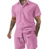 Men Wrinkle Textured 2 Piece Set Short Sleeve Button Shirt & Drawstring Shorts Summer Beach Casual Matching Outfit