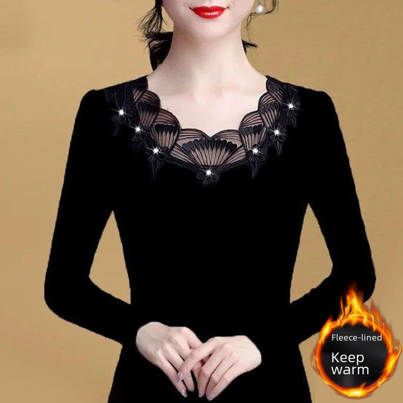 Top de Malla de Encaje Negro Peluche para Mujer 2025 - Ajuste Slim & Ropa de Otoño a la Moda